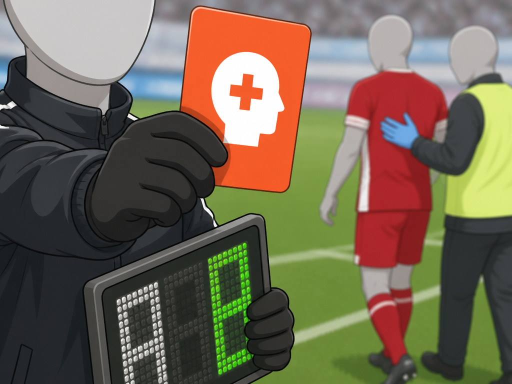 Fourth official holding orange concussion substitution card on football touchline