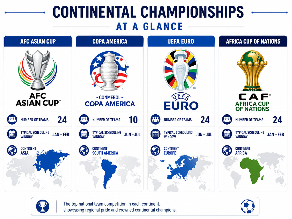 Infographic comparing the AFC Asian Cup format to other continental football tournaments.