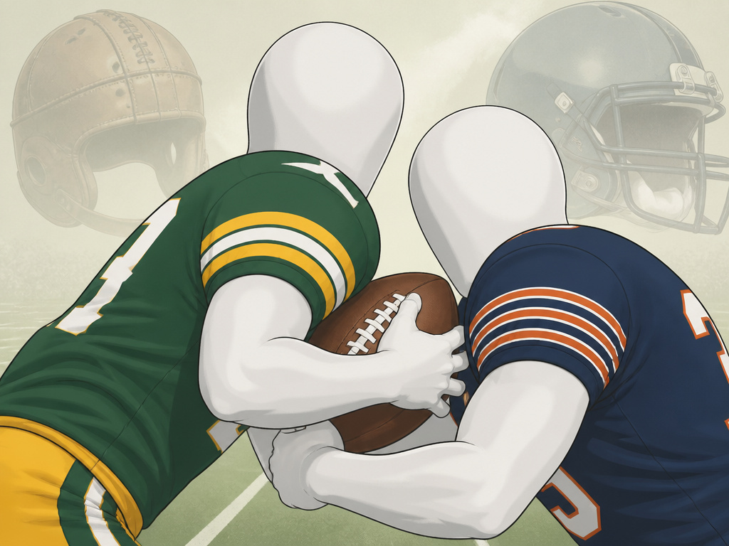 Historic NFL rivalry between Green Bay Packers and Chicago Bears depicted in cartoon style.