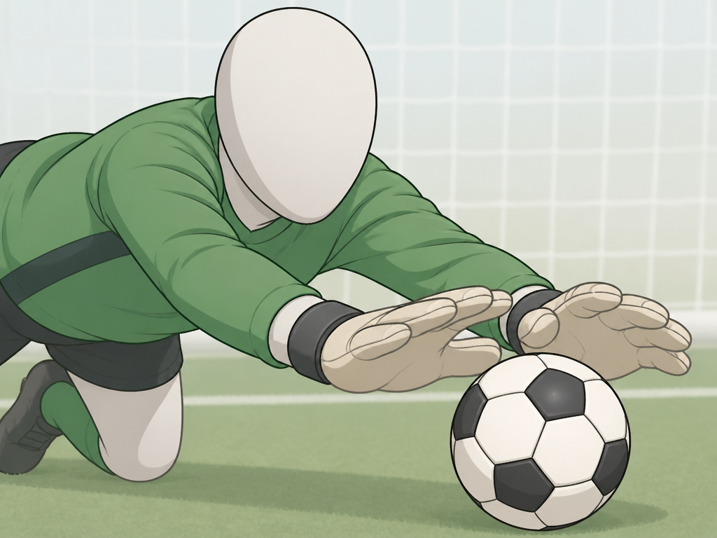 Goalkeeper performing a low, attacking dive to close the angle and smother the ball.