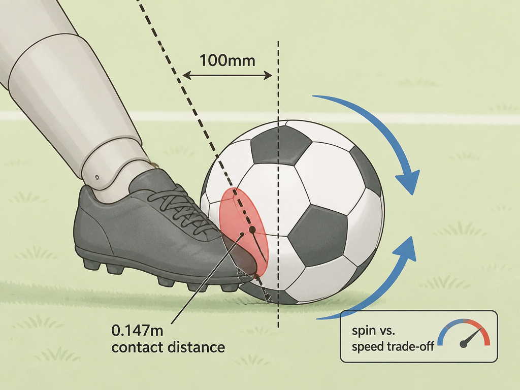 Diagram showing biomechanics of curving a football with offset contact point