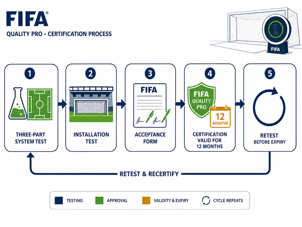 FIFA goal-line technology certification process diagram showing 12-month expiry and retest cycle