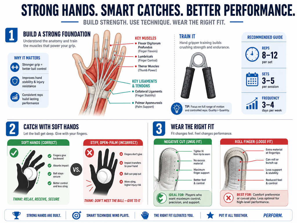 Infographic on goalkeeper hand strengthening, catching technique, and glove cut safety.