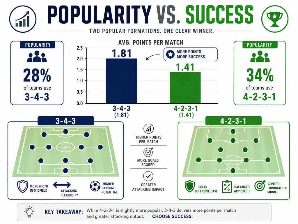 Infographic comparing 4-2-3-1 and 3-4-3 formation success rates and points.