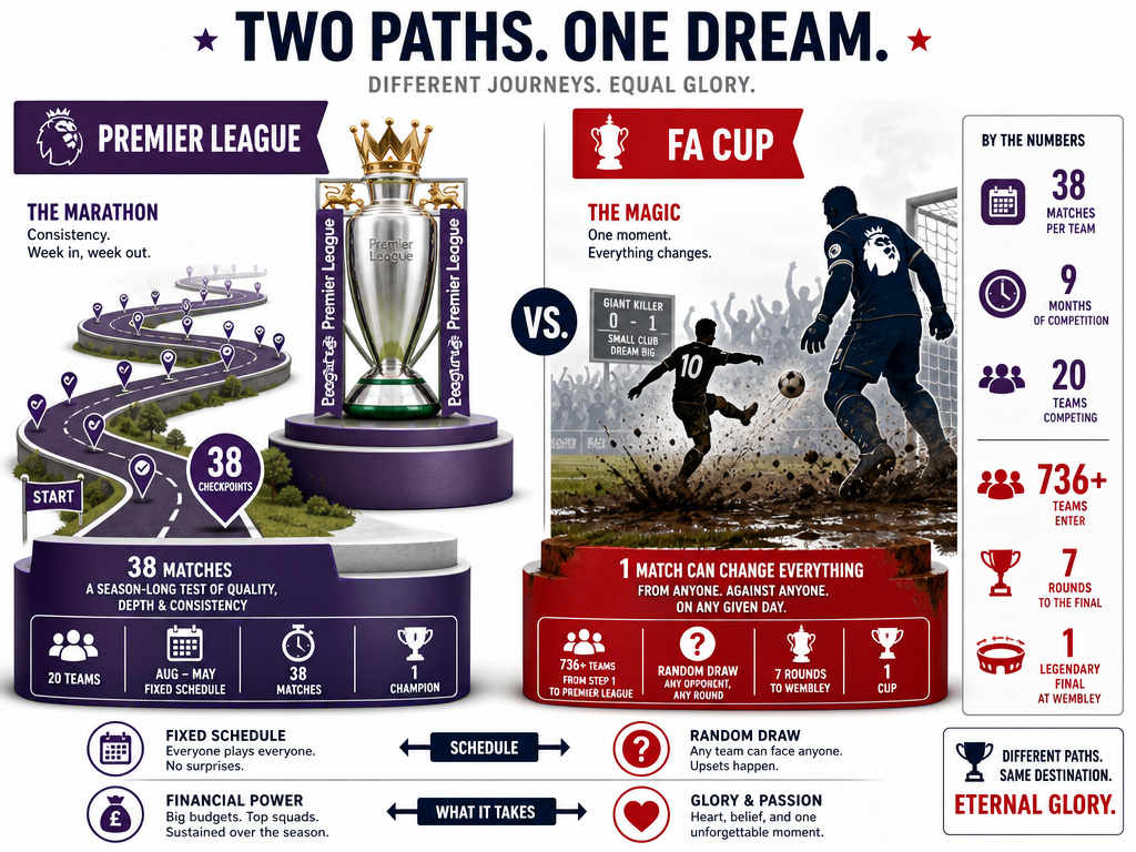 Infographic comparing the FA Cup knockout format to the Premier League marathon.