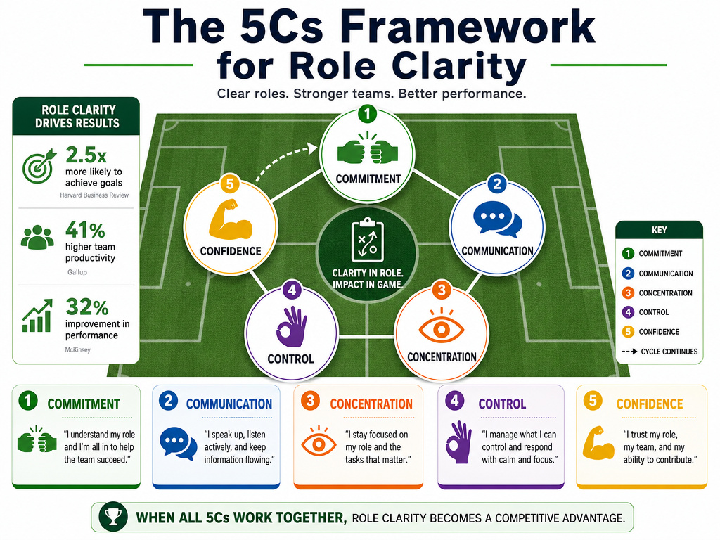 Infographic explaining the 5Cs framework for football leadership and role clarity.