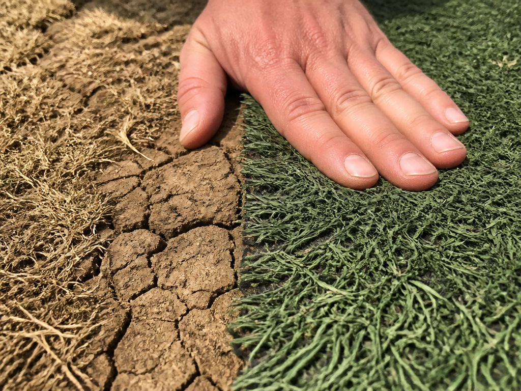 Comparison of unsafe dry natural grass and worn artificial turf for football.