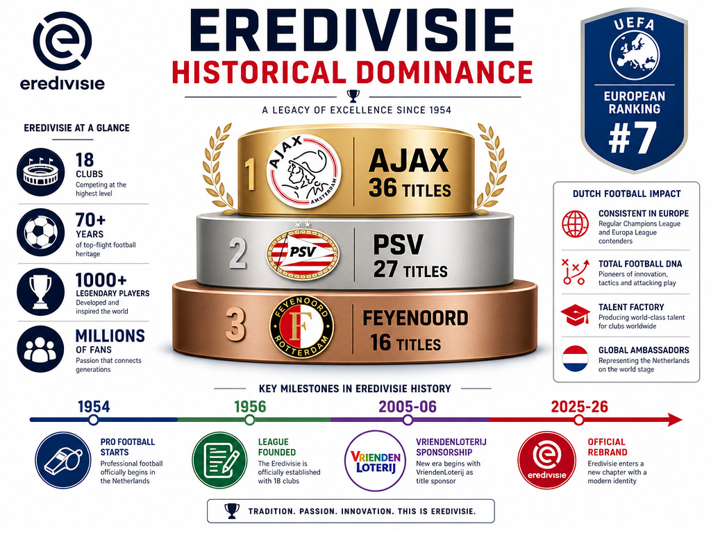 Infographic showing Eredivisie's big three title counts and historical timeline.