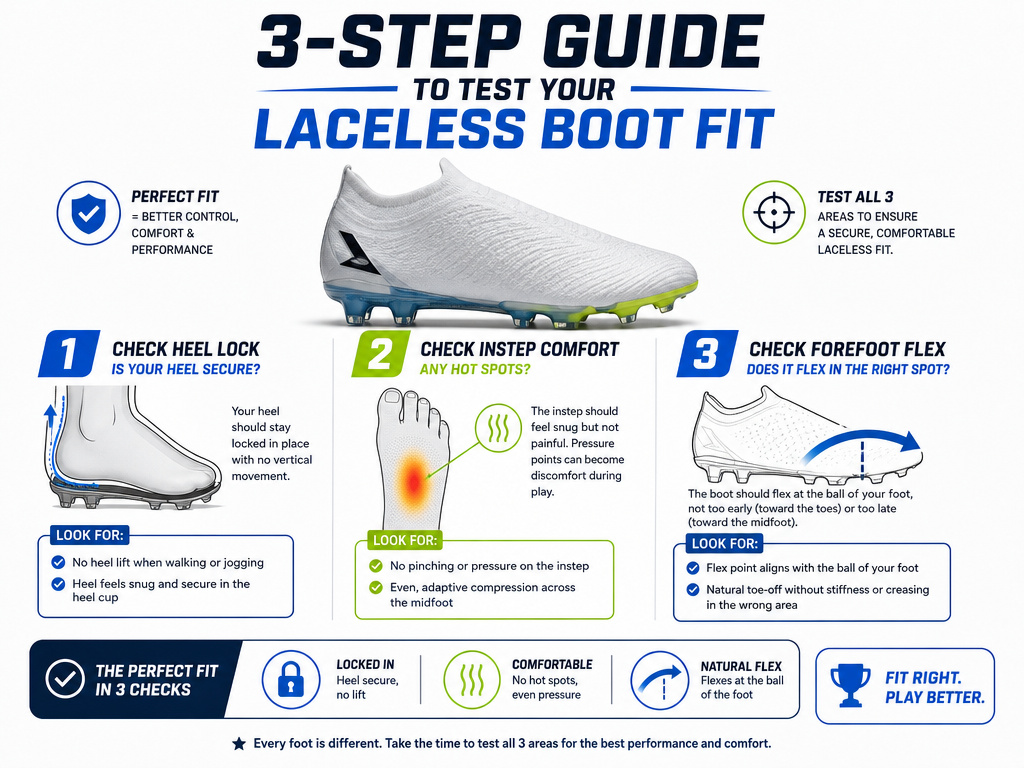 Infographic for the three-step in-store fit test for laceless football boots.