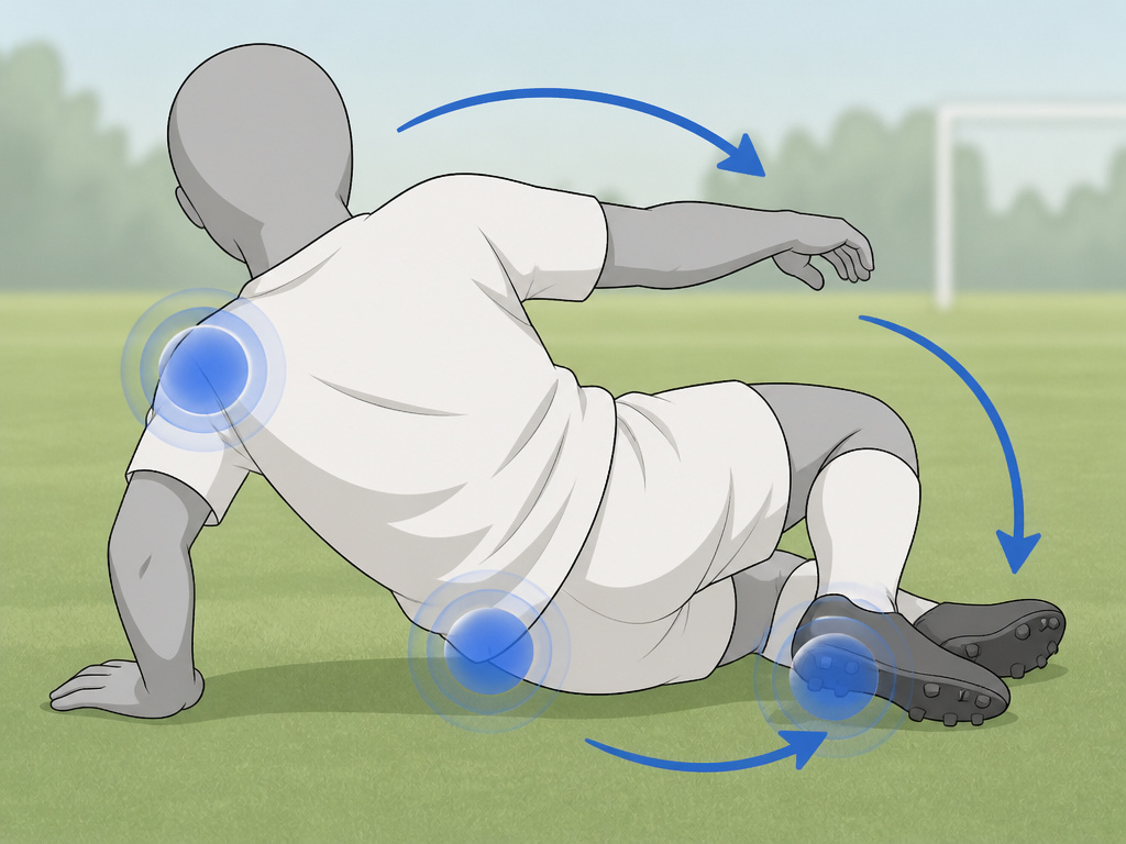 Cartoon diagram of safe landing technique for a jumping side volley in soccer