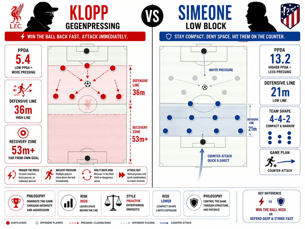 Klopp gegenpressing versus Simeone low block football tactics infographic