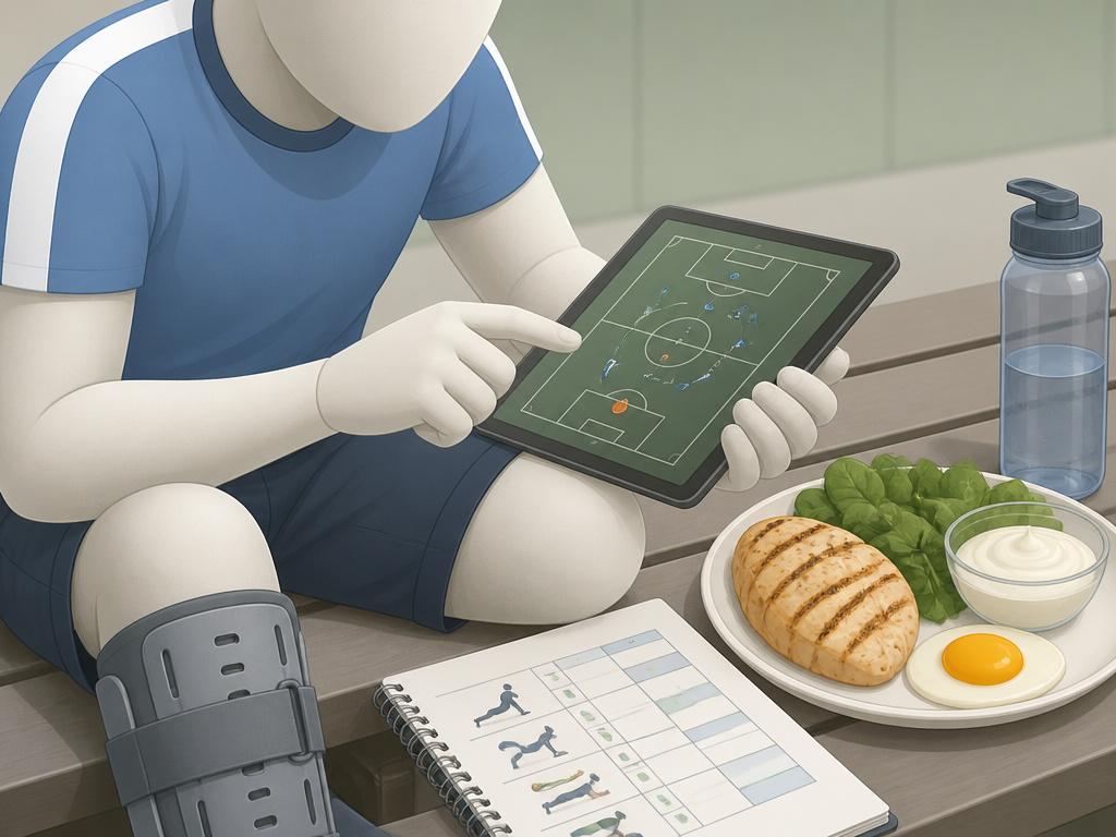 Injured footballer focusing on mental study and nutrition during metatarsal fracture recovery.