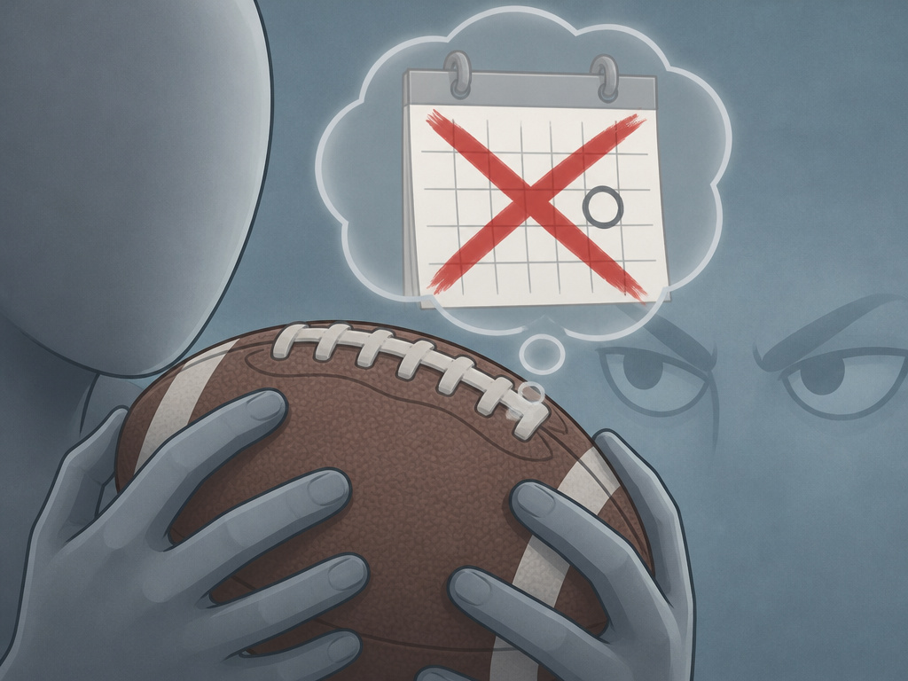 Silhouette crossing out a birth date on a football, symbolizing mental hurdle.