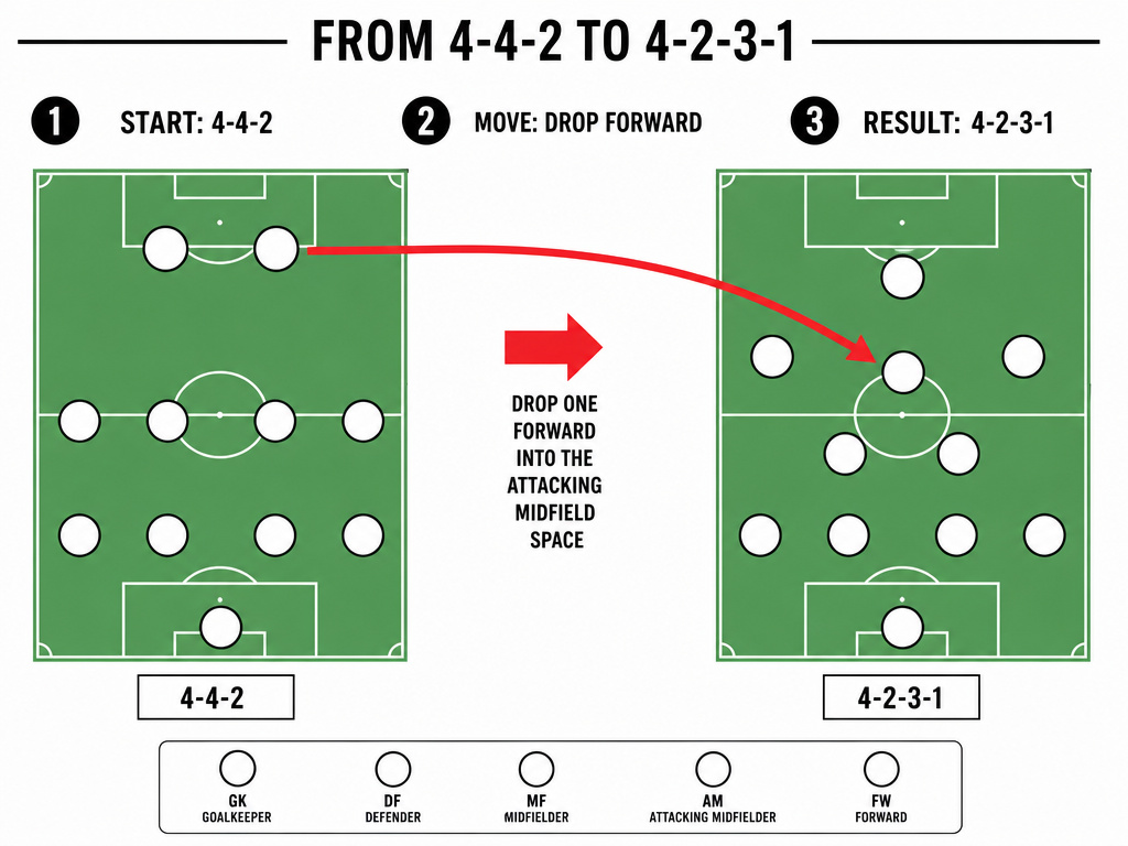 Diagram of 4-2-3-1 formation evolution from the 4-4-2 in football tactics.