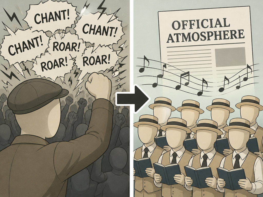 Cartoon comparing organic fan chants versus organized hymn-singing in 1920s football history.