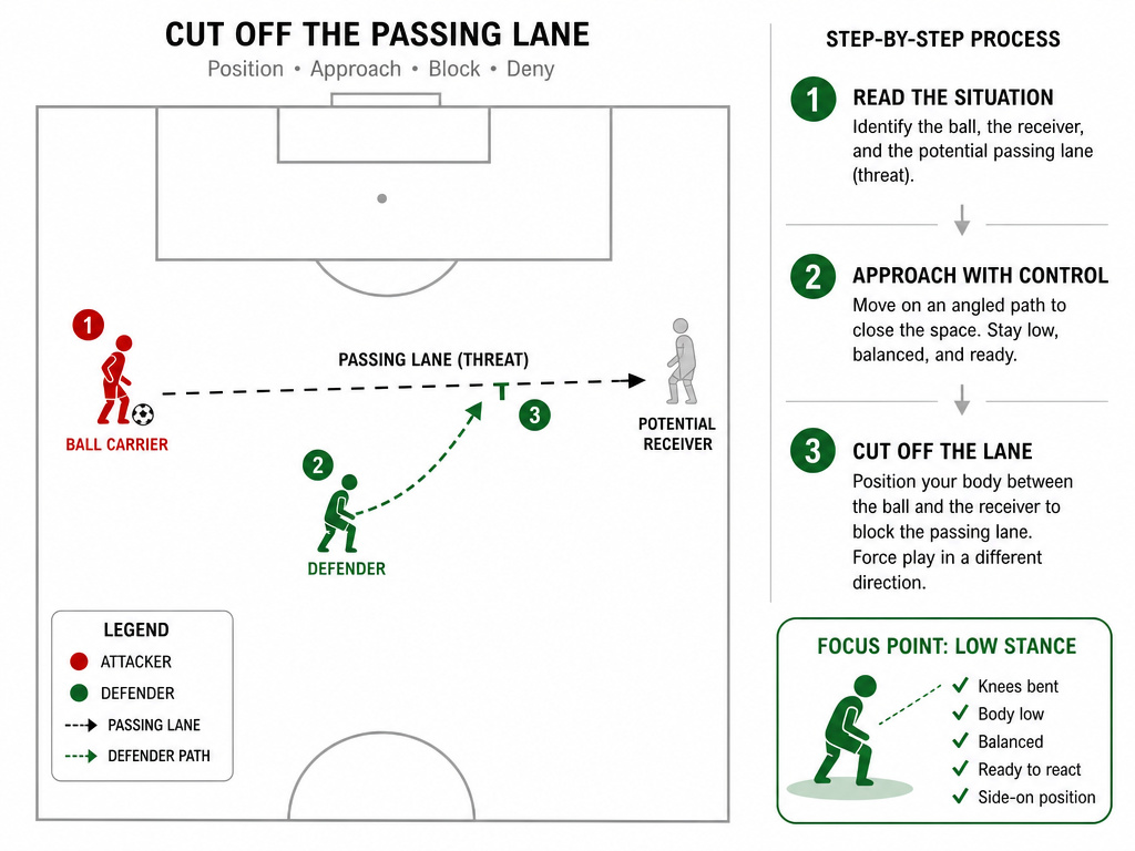 Diagram of a defender using angles and body shape to press and cut passing lanes.