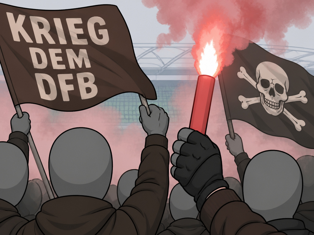 Ultras group protest with banners and flare against football commercialization.