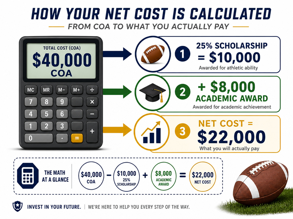 Infographic explaining how to calculate the true cost of a college football scholarship.