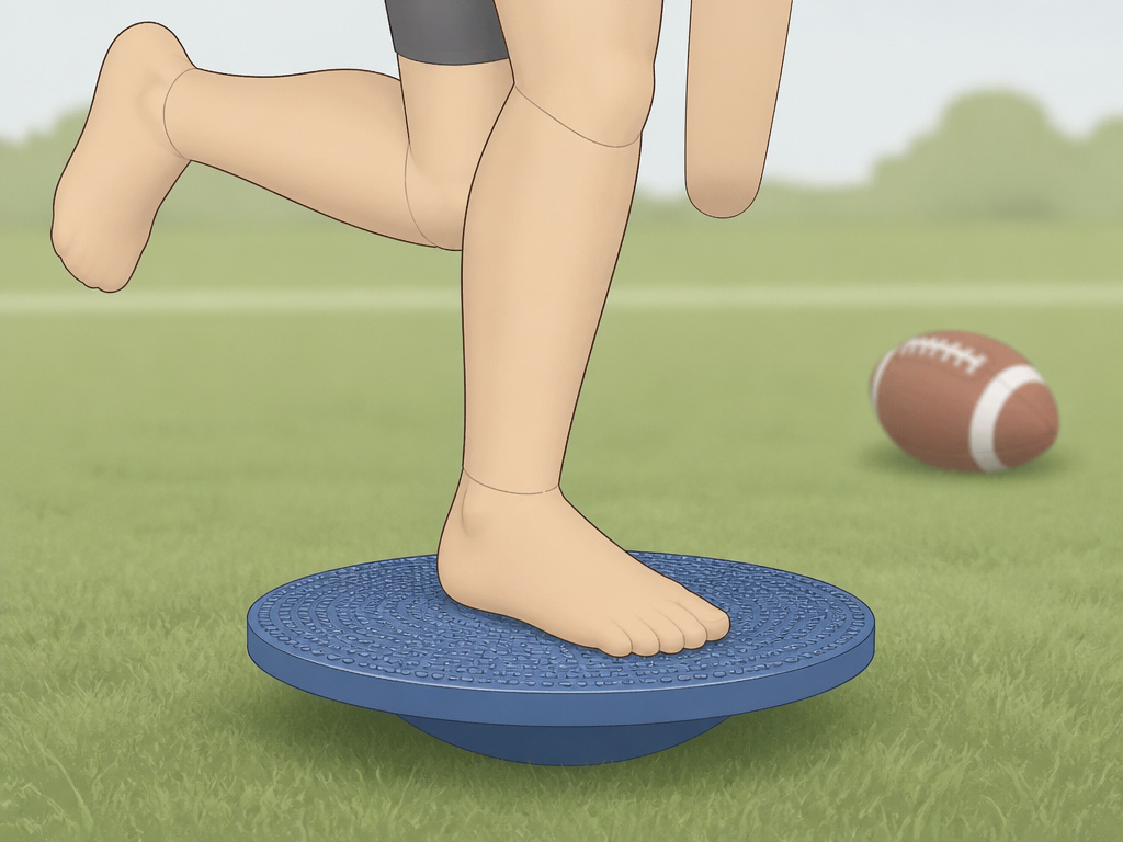 Cartoon of ankle balance rehab on a wobble board on a football field.
