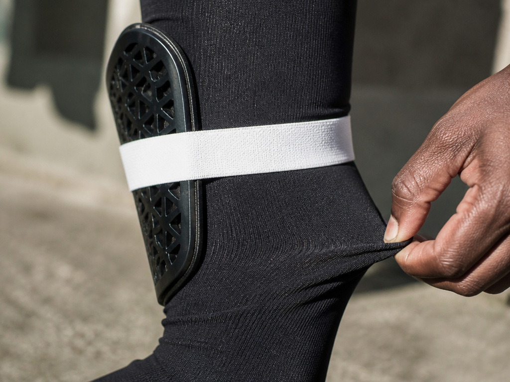 Proper shin guard fit secured by a tight sock and strap close-up
