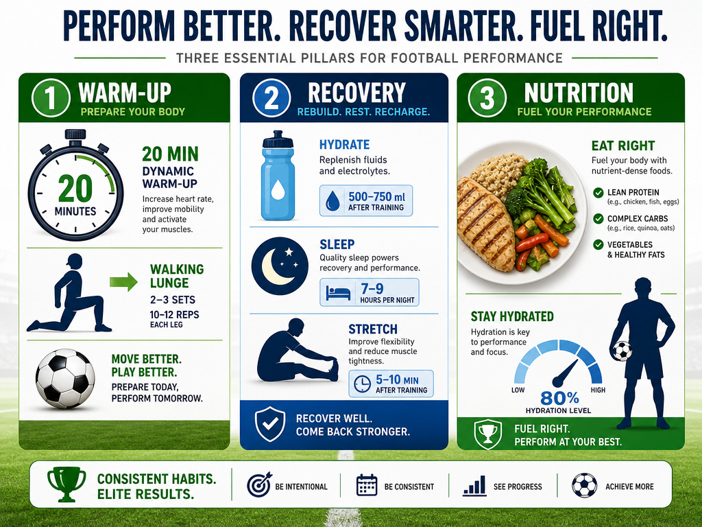 Infographic on football warm-up, recovery, and nutrition for pre-season training.