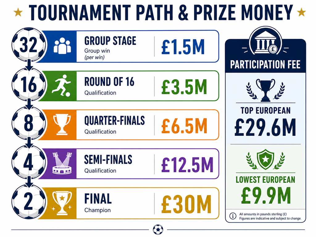 FIFA Club World Cup tournament bracket stages and prize money infographic