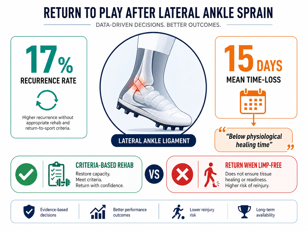 Infographic on ankle sprain recurrence and short recovery times in professional football.