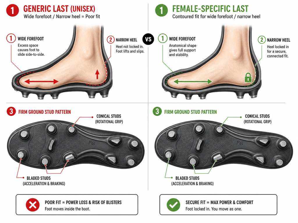Diagram comparing ill-fitting versus proper football boot lasts over stud patterns.