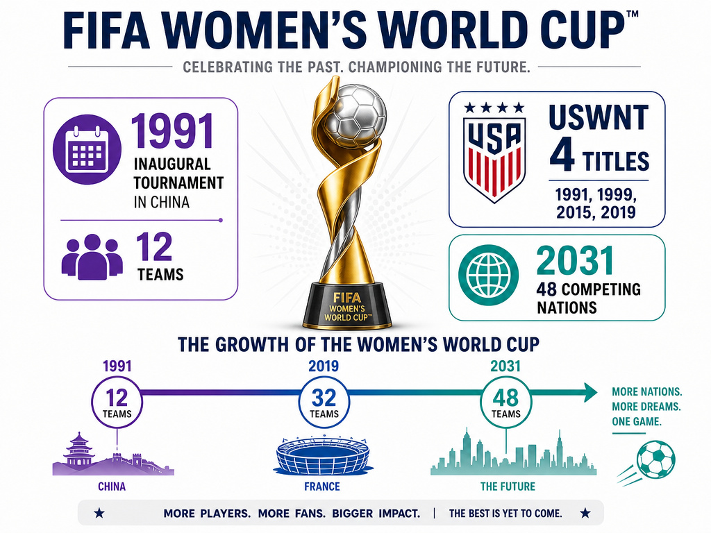 Infographic timeline of FIFA Women's World Cup history and expansion.