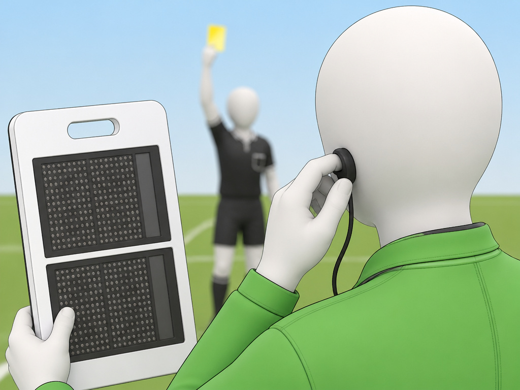 Fourth official at touchline alerting referee to misconduct during football match