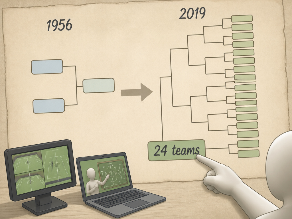Evolution of AFC Asian Cup from 4 teams to 24, featuring bracket growth and technology icons.