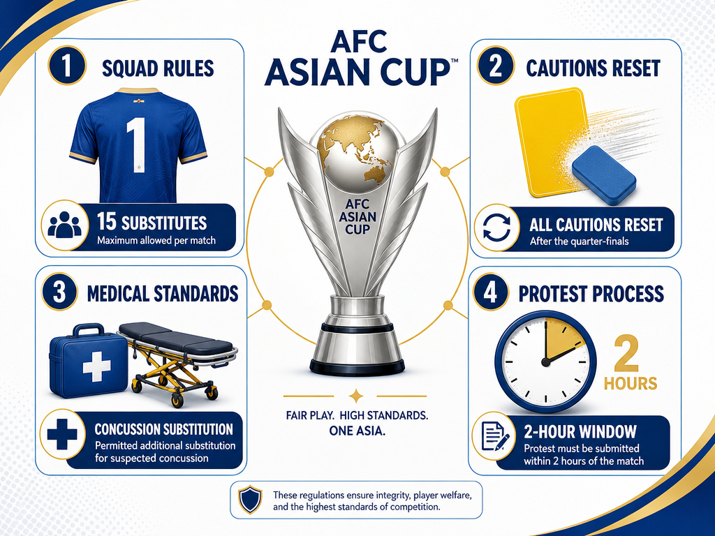 Infographic explaining AFC Asian Cup rules on squads, cautions, and match protocols.