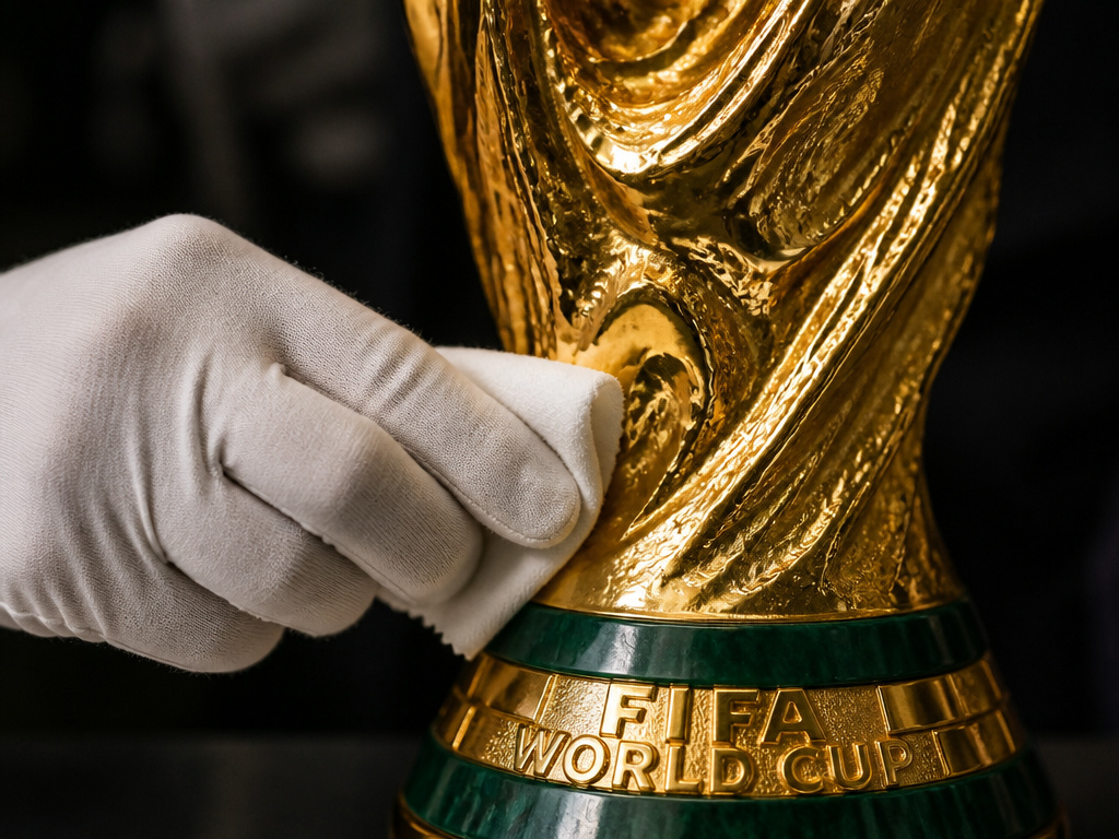 Close-up of a gloved hand polishing the solid gold FIFA World Cup Trophy.