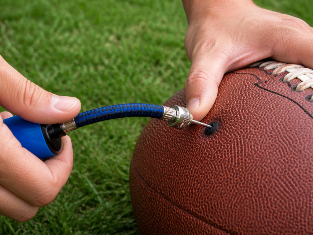 Using a hand pump with a flexible hose to inflate a football.