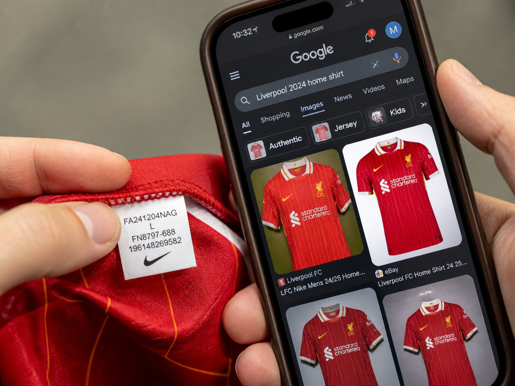 Comparing a football shirt's product code to online search results for verification.