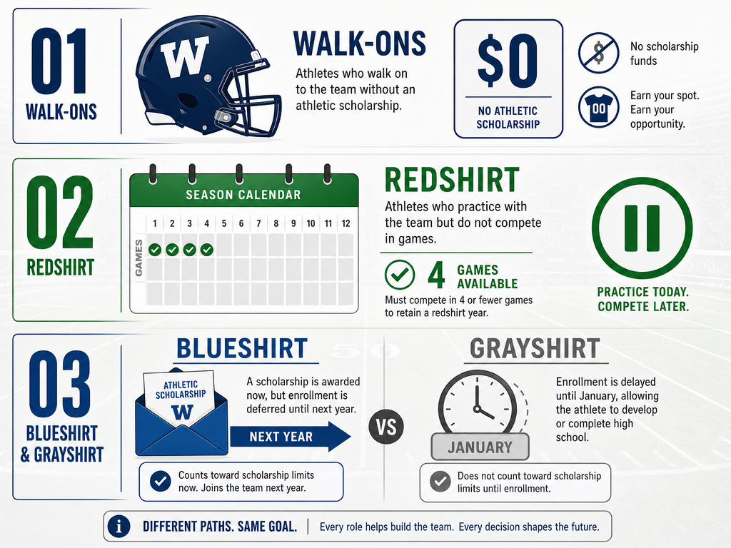 Infographic explaining walk-on, redshirt, blueshirt, and grayshirt football roster paths