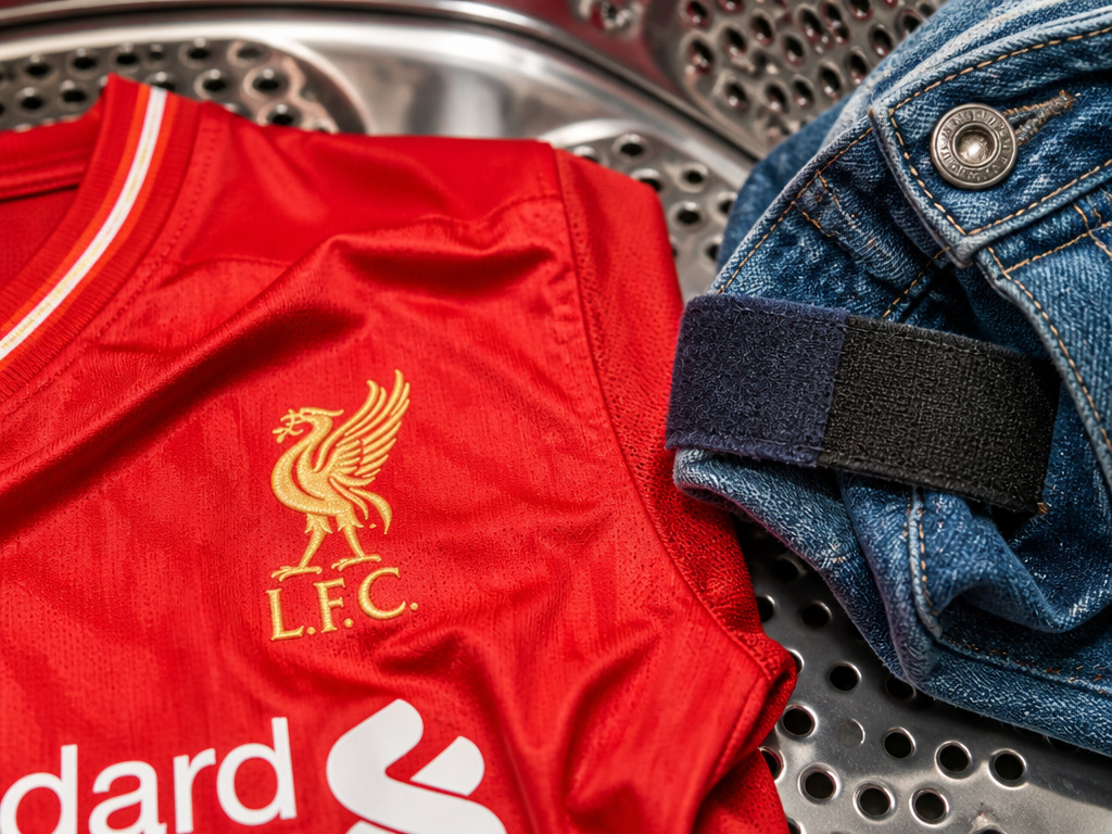 Football shirt separated from abrasive jeans and velcro before washing.