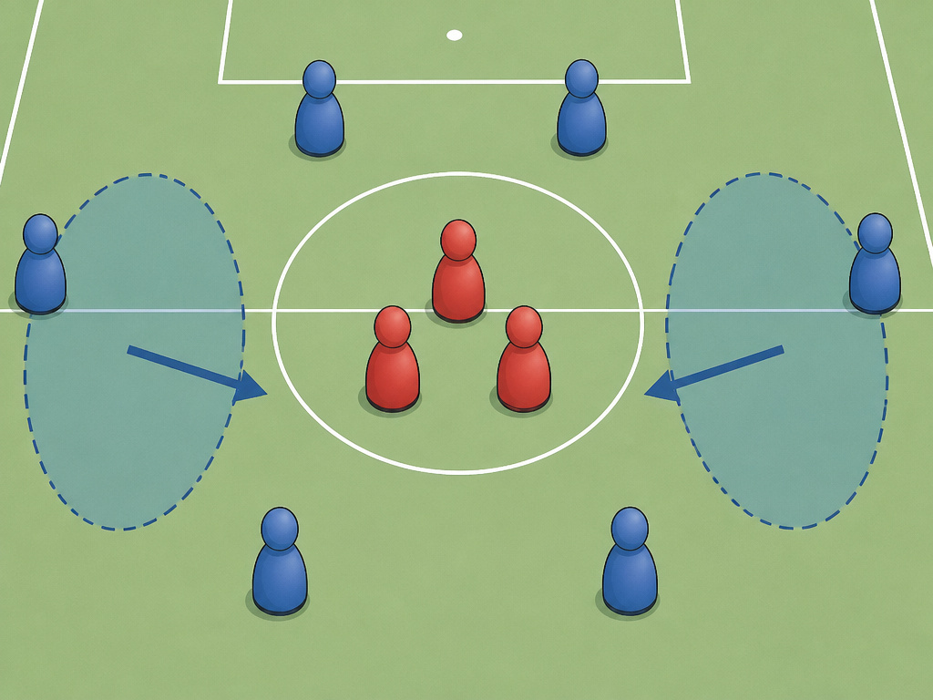Diagram showing narrow midfield and exposed flanks in a 5-3-2 formation.