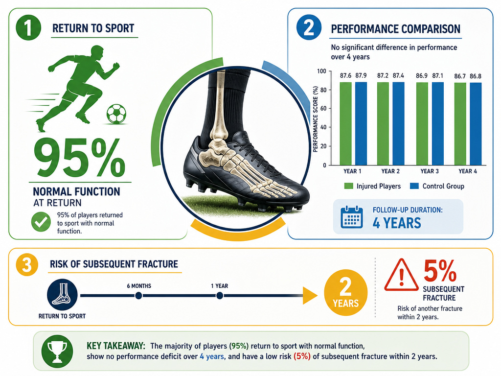 Infographic on metatarsal fracture recovery statistics and performance data for footballers.