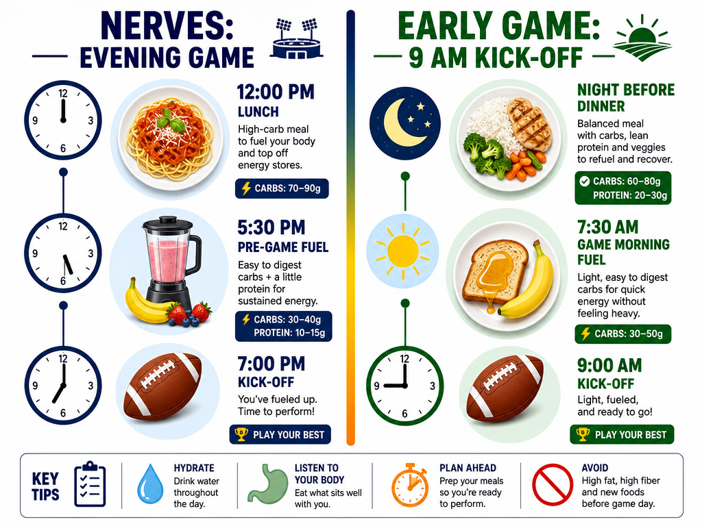 Infographic comparing pre-match meal timing strategies for nervous and early game scenarios.