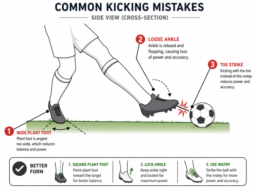 Diagram of common football passing mistakes like plant foot angle and ankle lock.