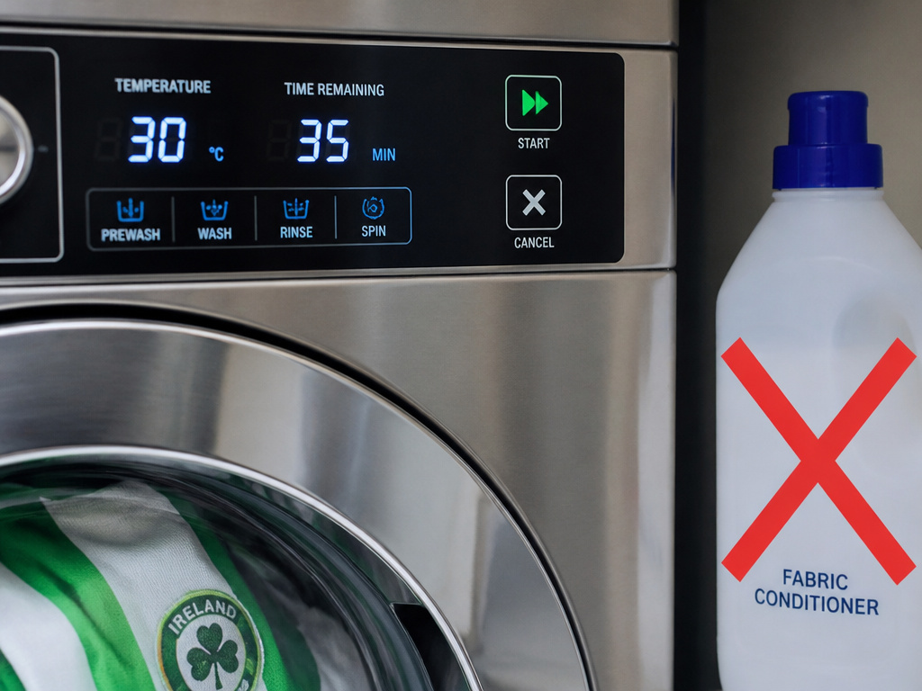 Washing football jerseys at 30°C for 35 minutes, no fabric conditioner.