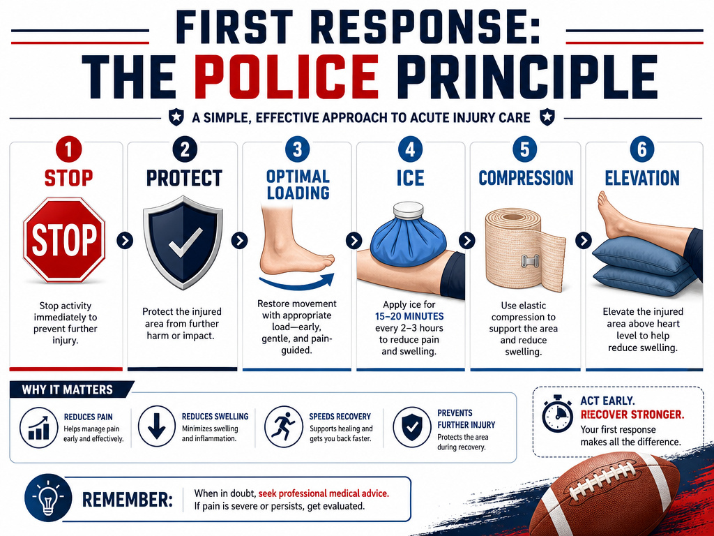 Infographic explaining the POLICE first aid principle for football injury management.