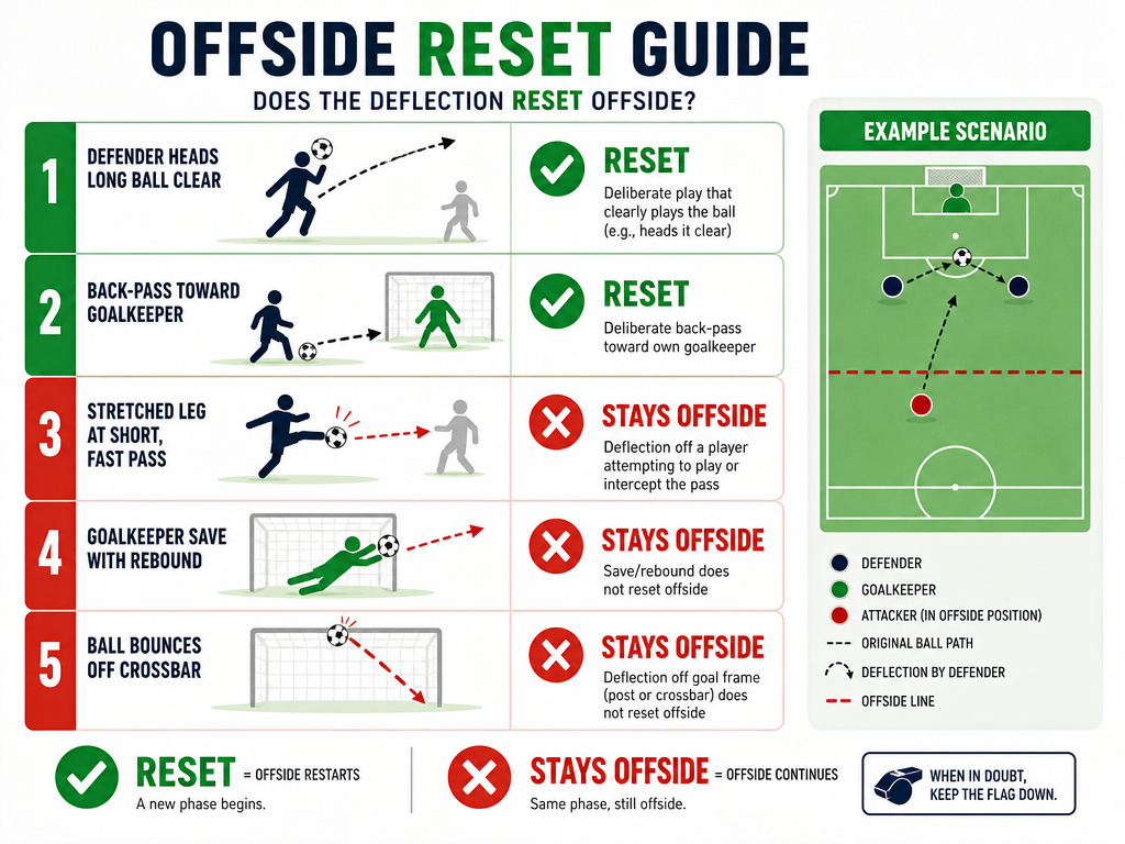 Infographic showing which defender touches reset offside and which do not in football