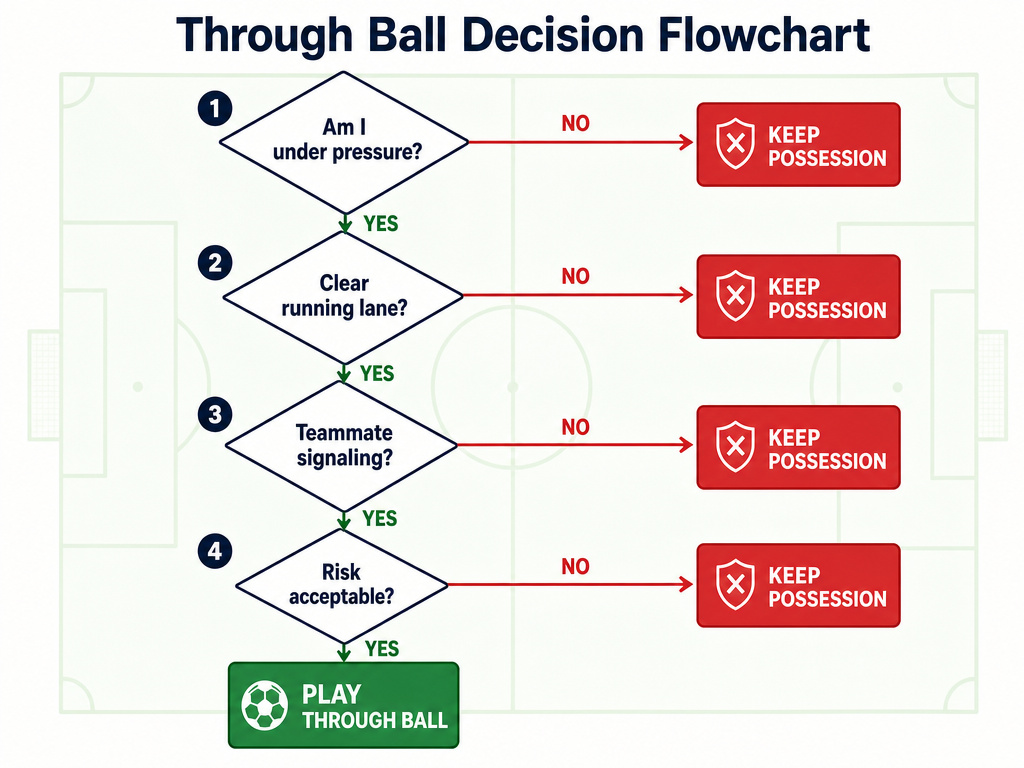 Football through ball decision flowchart for in-game passing choices