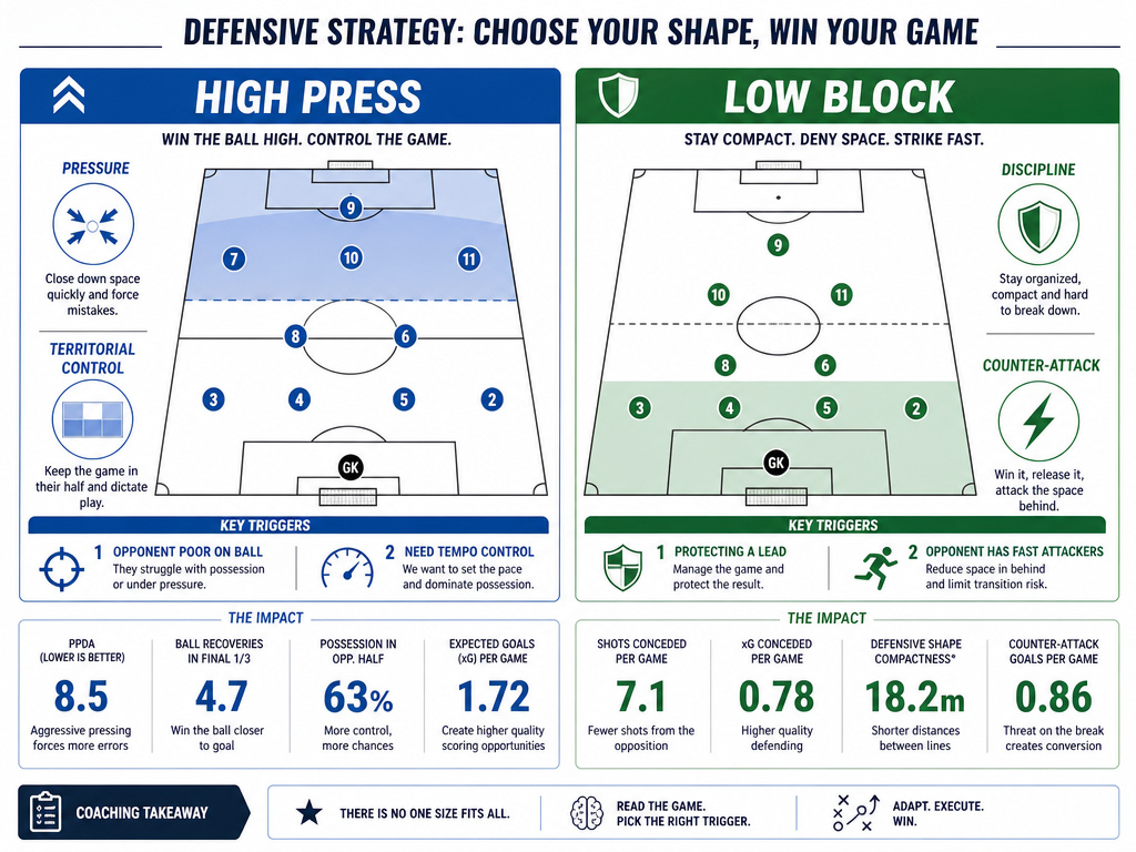Infographic comparing tactical triggers for high press versus low block in soccer
