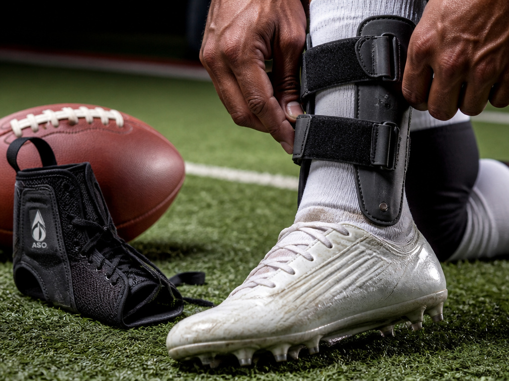 Close-up of a rigid ankle brace secured on a football player's leg.