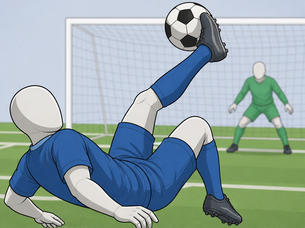 Cartoon illustration of a bicycle kick shot attempt in the soccer penalty area.