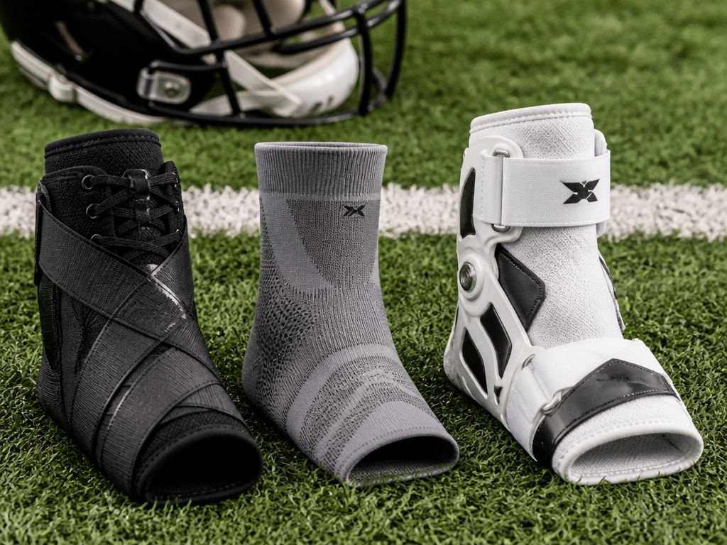 Three types of football ankle braces compared on turf: lace-up, compression, and semi-rigid.