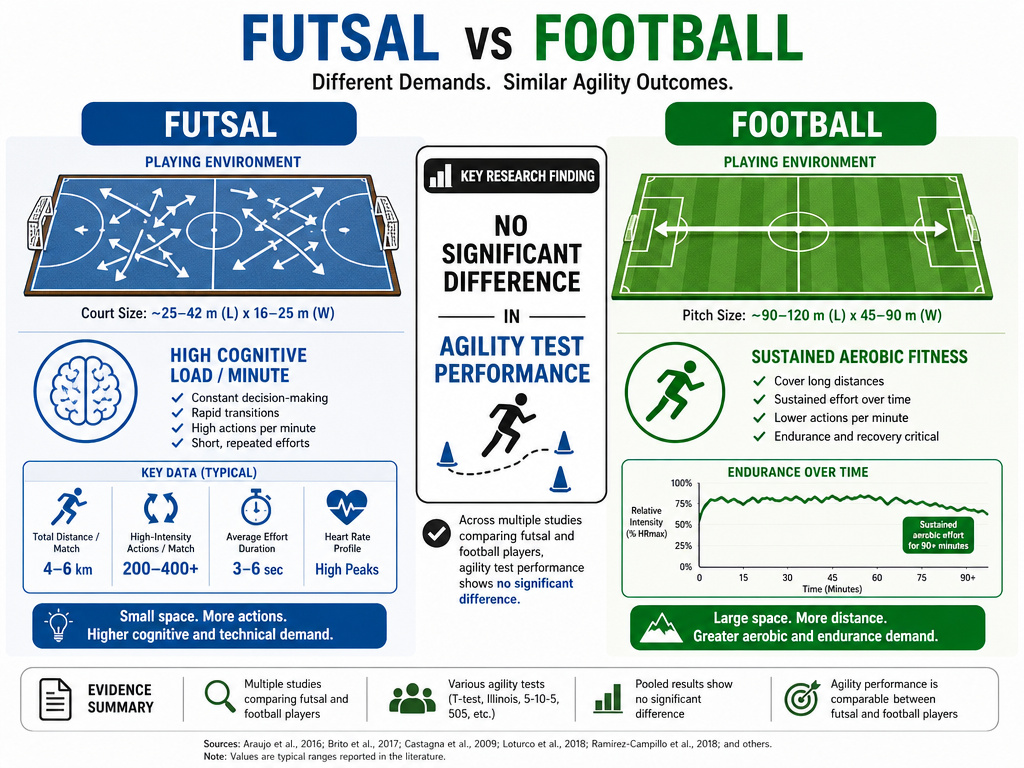 Infographic comparing the physical and mental demands of futsal versus football.